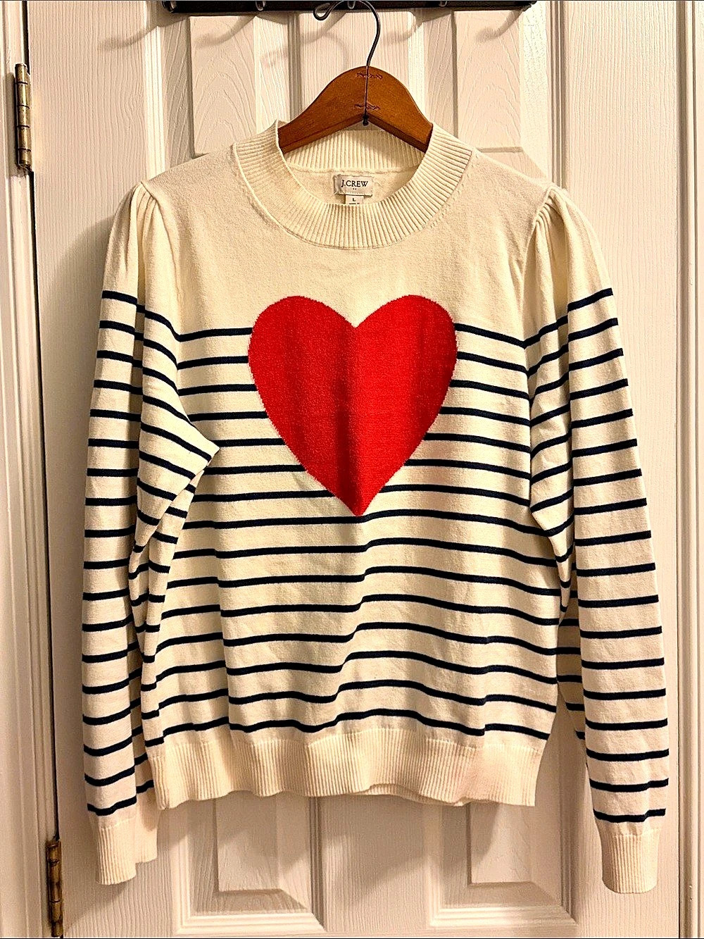 J.Crew Puff-Sleeve Heart Sweater Cream & Blue Size Large